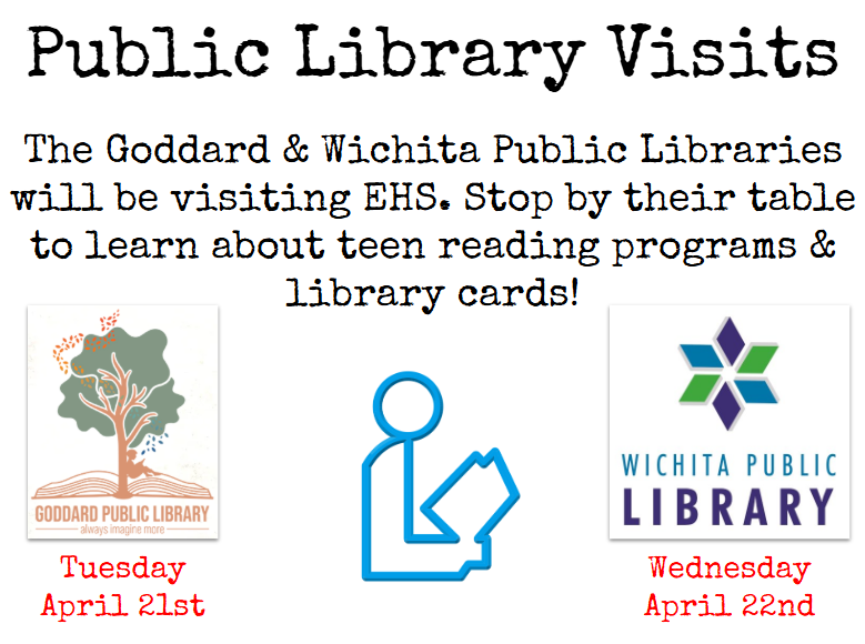 EHS_Library's tweet photo. Do you have a public library card? If not, stop by the EHS library to learn about summer programs &amp; library cards. Goddard will visit Tues Apr 21st &amp; Wichita on Wed Apr 22nd. @USD265_EHS https://t.co/gVuLLZcAQs