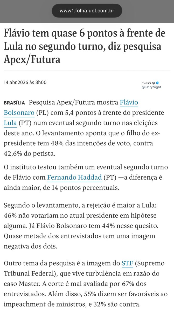 Fa1ryNight's tweet photo. Tão bom quanto o Flávio estar 6 pontos a frente do Lula, é ver que: 

“A corte é mal avaliada por 67% dos entrevistados e 55% dizem ser favoráveis ao impeachment de ministros.” https://t.co/LrOXPBl3dK