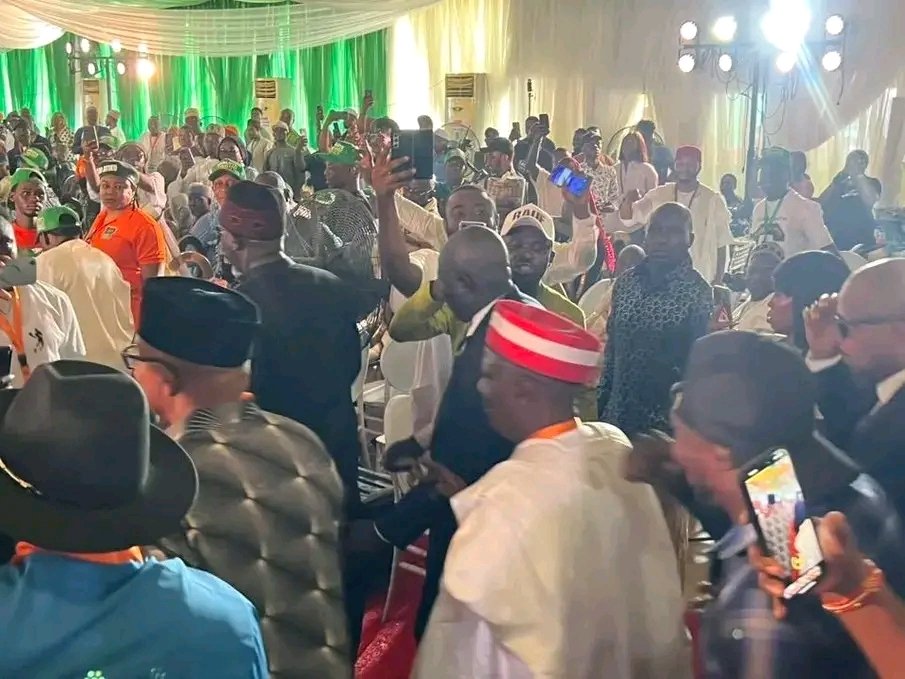 The distinguished leader, Engr. Rabiu Musa Kwankwaso, and Mr. Peter Obi have arrived at the venue of the ADC National Convention, which is currently taking place at the Rainbow Event Center.