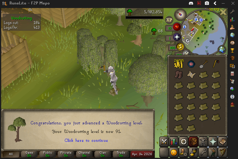 F2PMepo's tweet image. Inching closer to my first 99, very excited! Also can't wait to finish all the random event clothing/emotes once I get those darn bee gloves!! 🌲🪓