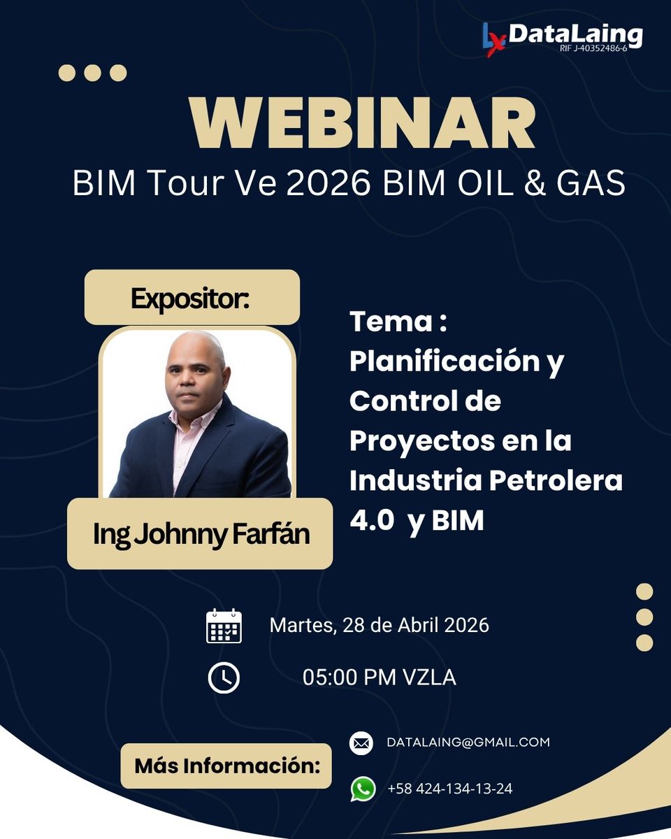 Únete al BIM Tour Ve 2026 | BIM OIL &amp; GAS

Planificación y Control de Proyectos en la Industria Petrolera 4.0 y BIM
🎙 Ponente: Ing. Jhonny Farfan
🗓 Fecha: Martes 28-04
🕔 Hora: 5:00 PM (Vzla)
🚀 Evento Online – Registro GRATUITO
🔗 Inscripción: sge.st/vmsMck9