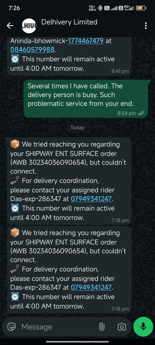 BIKRAMDHARA12's tweet photo. @delhivery such a horrible service from your end. The delivery person didn't even bother to call me once or didn't pick up my call. And I'm getting this kind of messages. The product is very important for and you guys are just kidding or what? https://t.co/PAdBdekSrz