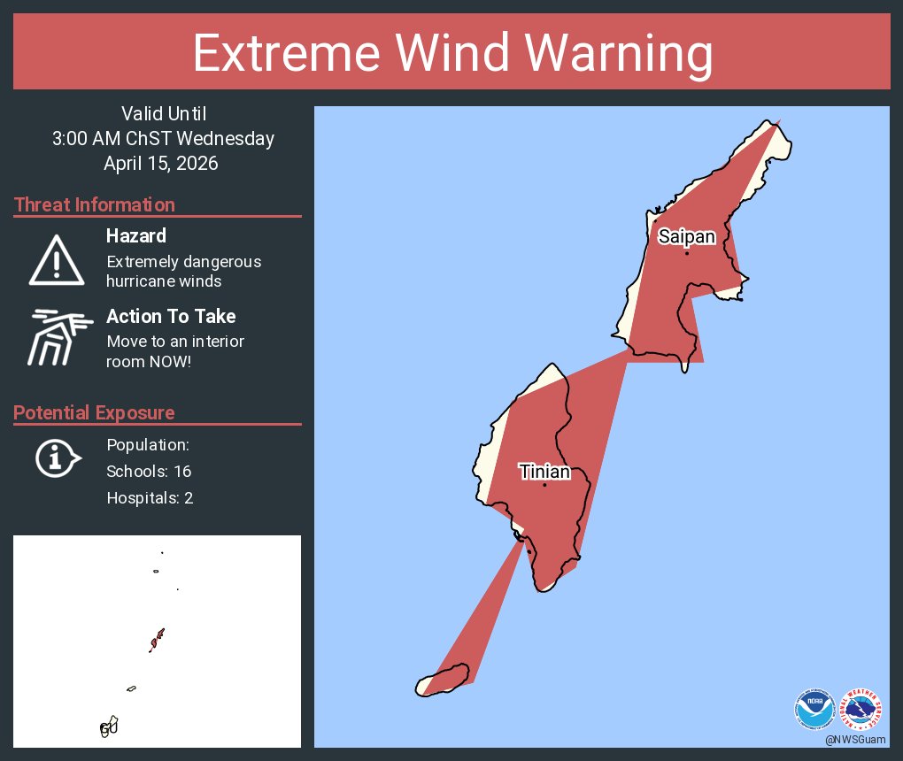 NWSGuam's tweet image. An extreme wind warning is in effect for Saipan MP, Tinian MP until 3:00 AM ChST for extremely dangerous hurricane winds. Treat these imminent extreme winds as if a tornado was approaching and move immediately to an interior room or shelter NOW!