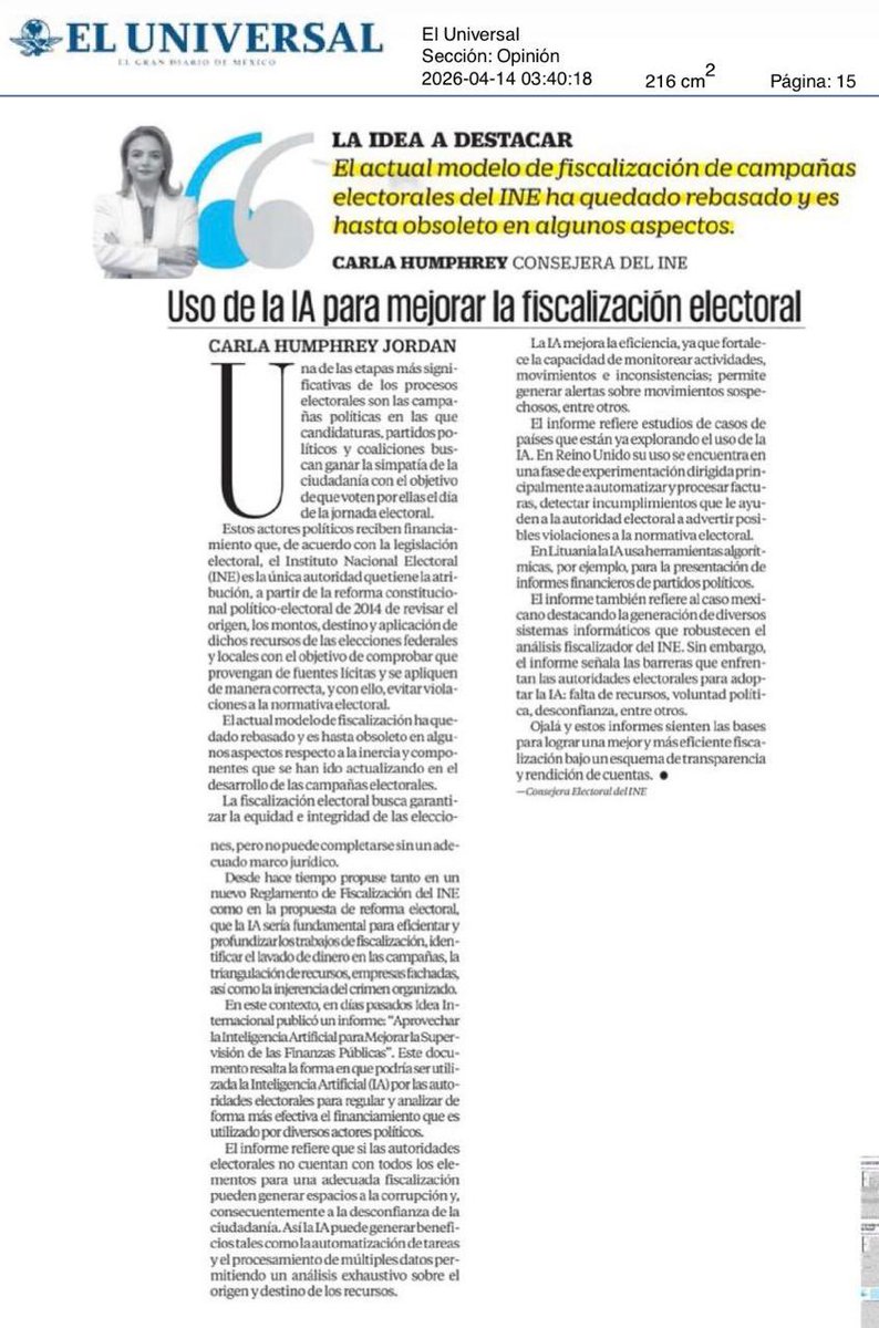 Uso de la IA para mejorar la fiscalización electoral

#EnMartesDeOpinión.  Comparto mi #ArtículoSemanal

eluniversal.com.mx/opinion/carla-… vía <a href="/El_Universal_Mx/">El Universal</a> y <a href="/Univ_Opinion/">Opinión El Universal</a> 

#FortalecerLaFiscalizaciónElectoral
#UsoDeLaIAResponsablemente
#TransparenciaEnLosRecursos
#RendiciónDeCuentas