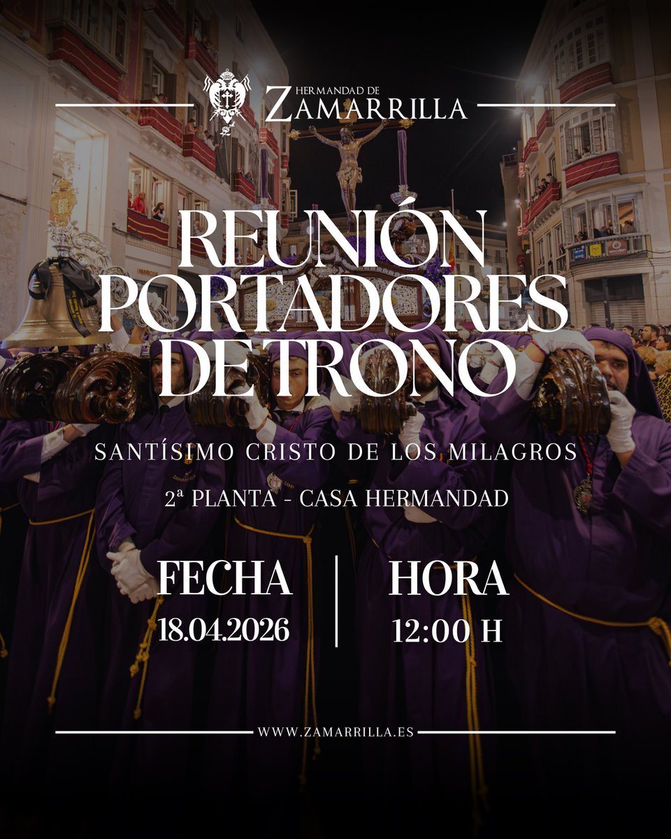 La Hermandad de Zamarrilla convoca a todos los portadores de trono del Santísimo Cristo de los Milagros a la reunión que tendrá lugar el próximo 18 de abril a las 12:00h.  

#Zamarrilla | #CofradíasMLG