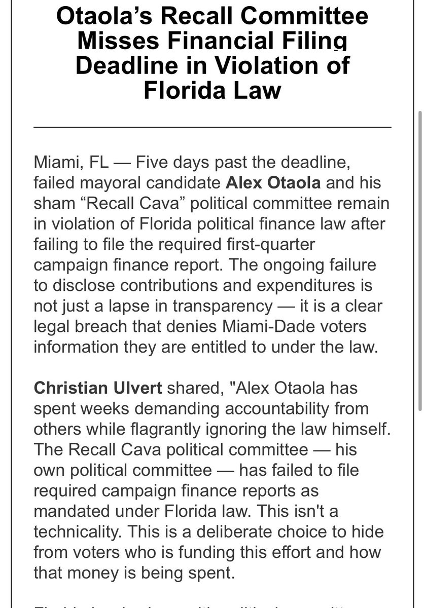 Levine Cava political team attacking Alex Otaola for missing the Friday deadline to reveal 1Q donors and expenses for his Recall Cava PAC.