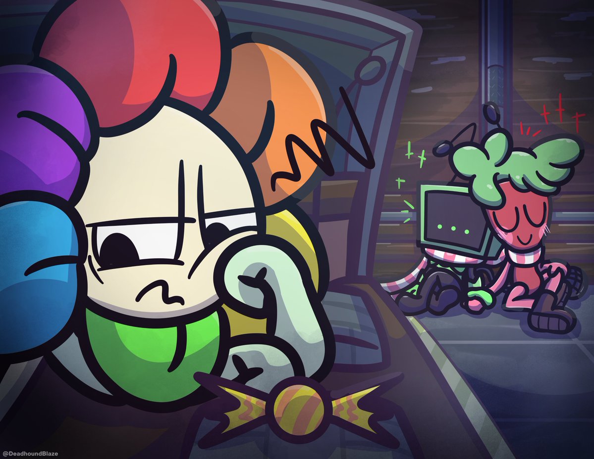 DeadhoundBlaze's tweet image. Sprout and Vee doin a Duo run! Dandy not impresses to see the TV here with her so-called partner ✨
#DandysWorld #Dandy #Sprout #Vee