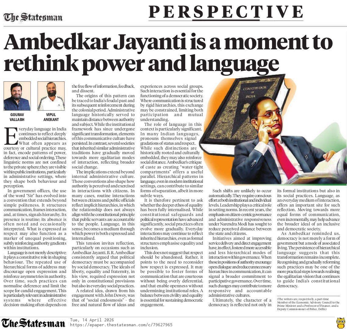 GouravVallabh's tweet image. Social democracy is more than law—it’s a living dialogue.

In today’s @TheStatesmanLtd , I explore shifting from administrative “deference” to “social endosmosis.” 

On Ambedkar Jayanti, let’s rethink power and language.

#Governance 
#Equality
