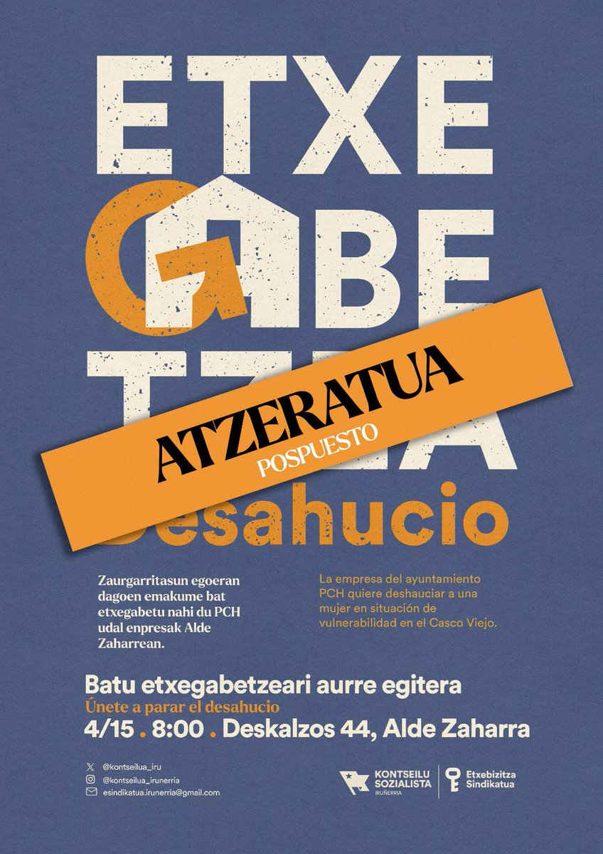 #EtxebizitzaSindikatua

𝐄𝐓𝐗𝐄𝐆𝐀𝐁𝐄𝐓𝐙𝐄𝐀 𝐀𝐓𝐙𝐄𝐑𝐀𝐓𝐔𝐓𝐀

Sindikatuaren lanari esker, etxegabetzea atzeratzea lortu dugu.

Hala ere, arriskua ez da amaitu, prozedura judizialak irekita jarraitzen baitu. 

Iruñeko Udalak etxegabetzen du!

Etxegabetze guztiak gelditu!