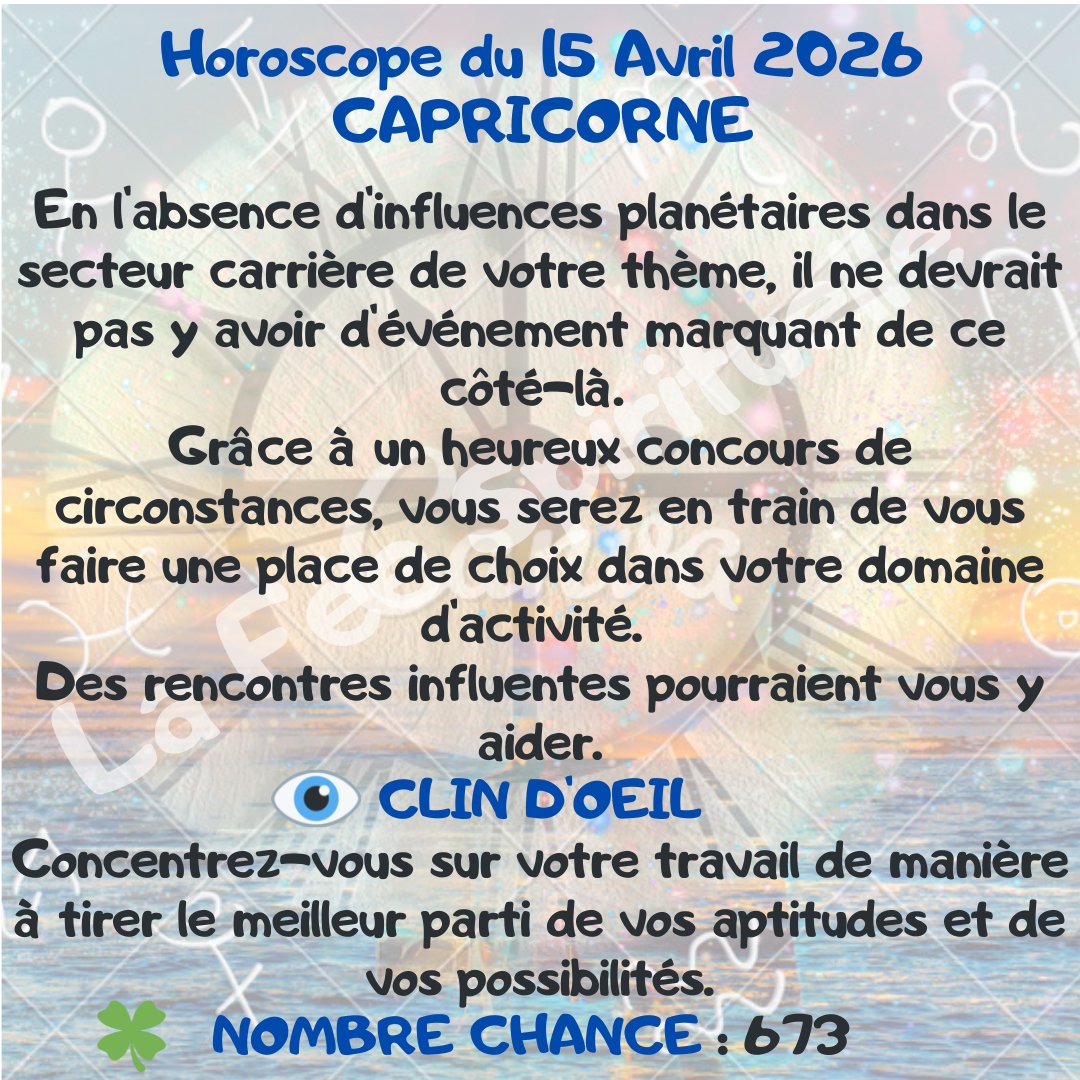 feespirituelle's tweet image. Votre horoscope pour ce mercredi 15 Avril 2026.
#TAUREAU #CAPRICORNE #BALANCE #POISSON
🔮 lafeespirituelle.fr🔮