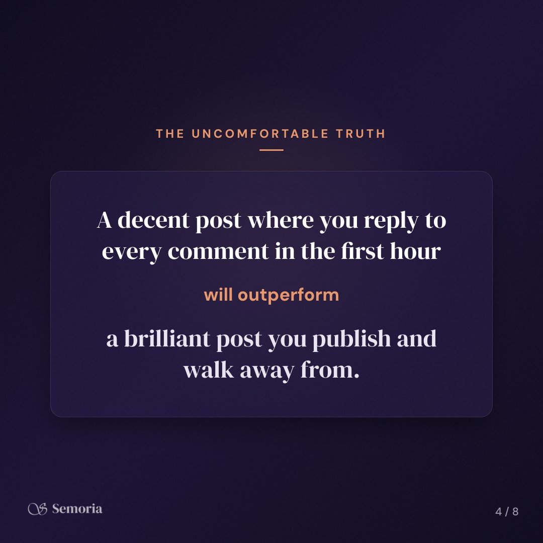 TrySemoria's tweet photo. A decent LinkedIn post where you reply to every comment in the first hour will outperform a brilliant post you publish and walk away from. 

That's not opinion. It's how the algorithm works. https://t.co/Mxg567CqJ0