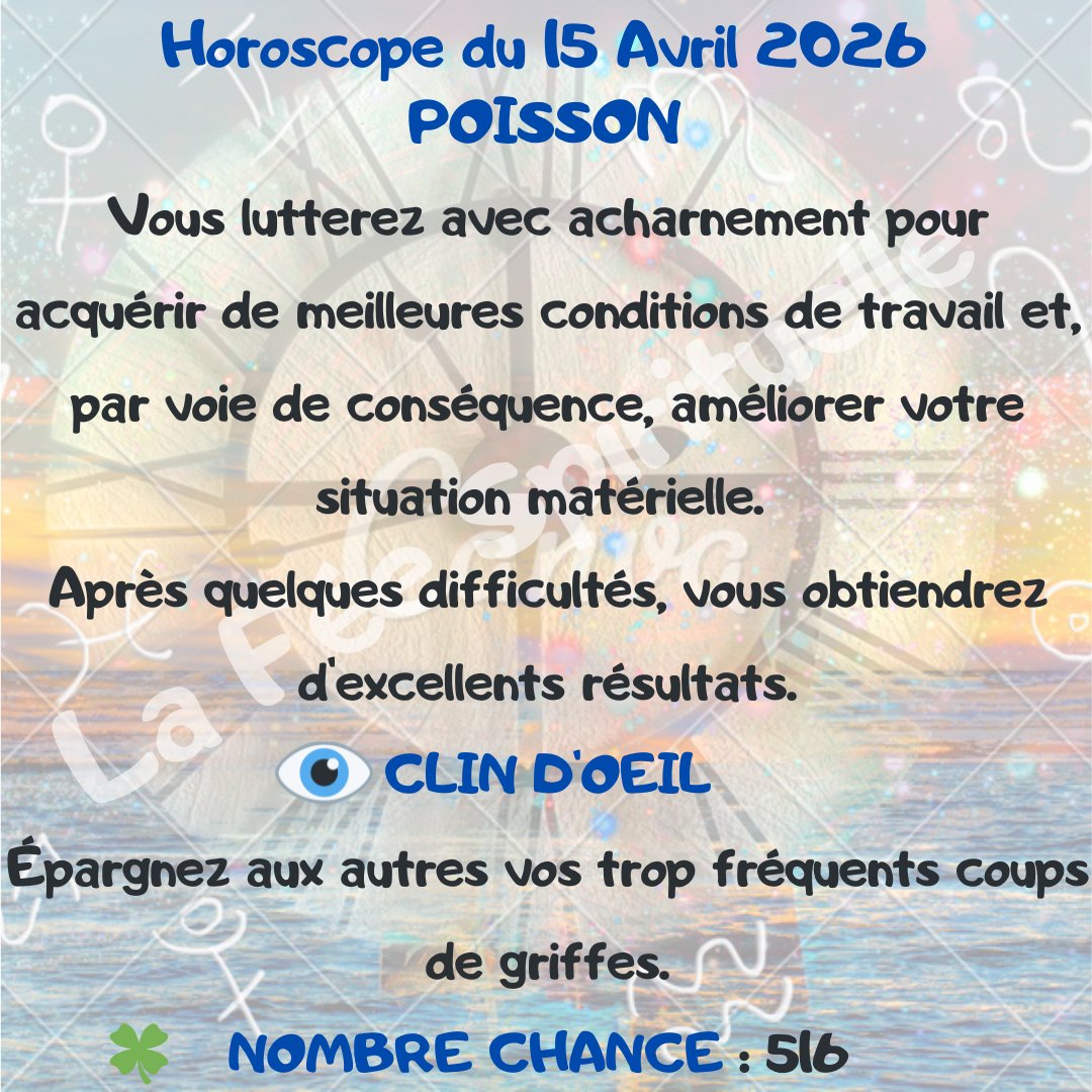 feespirituelle's tweet image. Votre horoscope pour ce mercredi 15 Avril 2026.
#TAUREAU #CAPRICORNE #BALANCE #POISSON
🔮 lafeespirituelle.fr🔮