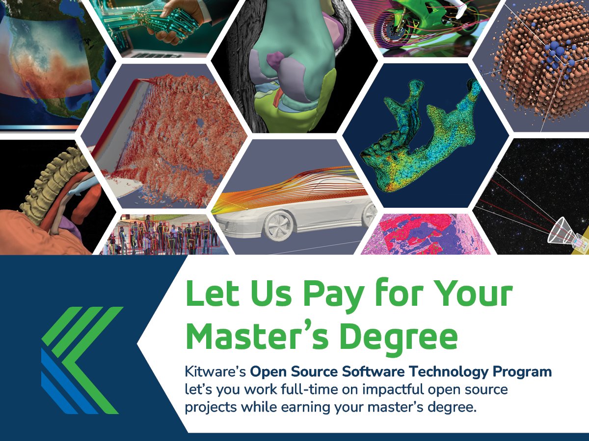 Kitware's tweet image. Through Kitware’s Open Source Software Technology Program, early-career developers contribute to widely used platforms such as CMake, VTK, ITK, ParaView, and 3D Slicer, while earning a fully funded master’s degree. 
Learn more: ow.ly/LsJp50YwUbF 

 #SoftwareDevelopment