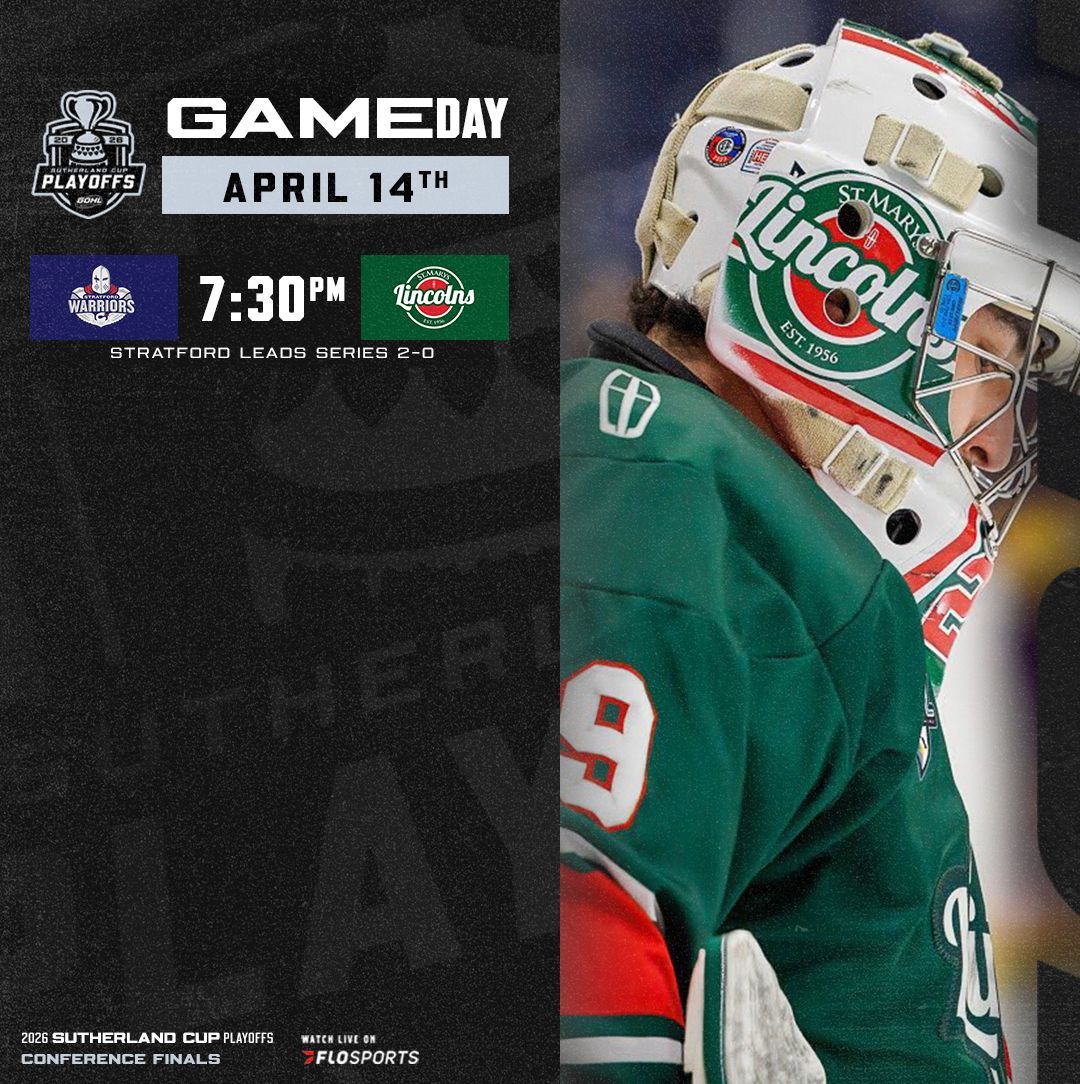 GOHLHockey's tweet photo. The Warriors roll into St. Marys with a 2-0 series lead over the Lincolns. Western Conference Final Game 3 tonight!

📱 Mobile App Updates | GOHL App
📷 Watch Live | @FloHockey

#GOHL #SutherlandCup https://t.co/bWT7J7L4qo