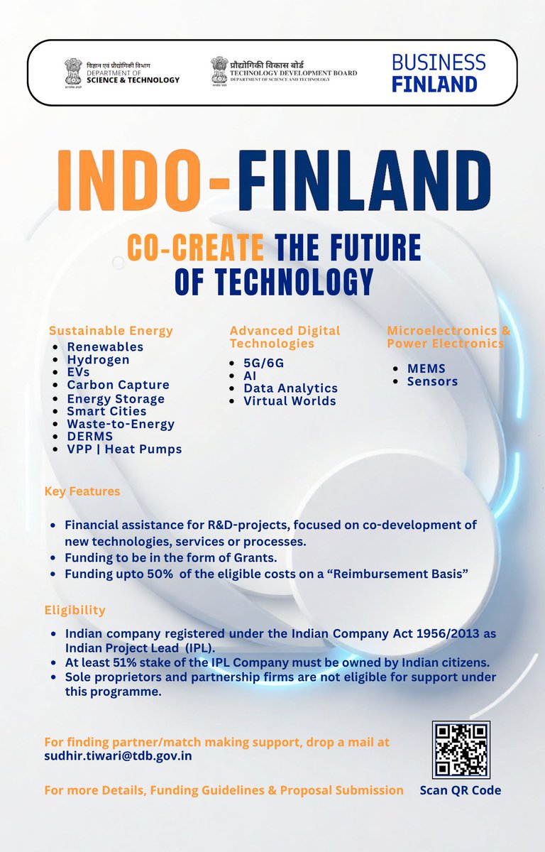 skvdst's tweet photo. India Finland Joint Industrial R&amp;D projects invited by @tdbgoi for @IndiaDST and @BusinessFinland in 
Sustainable Energy
Advanced Digital Technologies 
Micro Electronics and Power Electronics

Details at https://t.co/kh7VX2PMwV
Apply by 28th August 2026 https://t.co/qu2lpxqyTZ