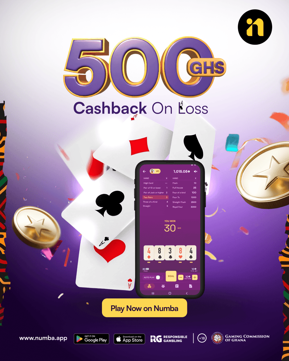 Numbagh's tweet photo. Flip the script on your luck!  Play your favorite card games on Numba and get up to 500 GHS Cashback on net losses.

Play now: https://t.co/YN0tA5ChHp

#NumbaCards #CashbackRewards #GhanaianFarmersDeserveBetter #GamingCommunityGhana #NumbaApp https://t.co/UMUeJiihG5