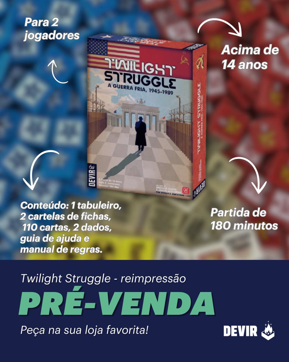 DevirBrasil's tweet image. Twilight Struggle em pré-venda!

Reviva a tensão da Guerra Fria em um duelo onde cada decisão pode mudar o rumo da história. EUA ou URSS, você escolhe seu lado e disputa influência, equilibre o pode e evite uma guerra nuclear.

🔗devir.com.br/pre-vendas-lan…

#Boardgames #Devir
