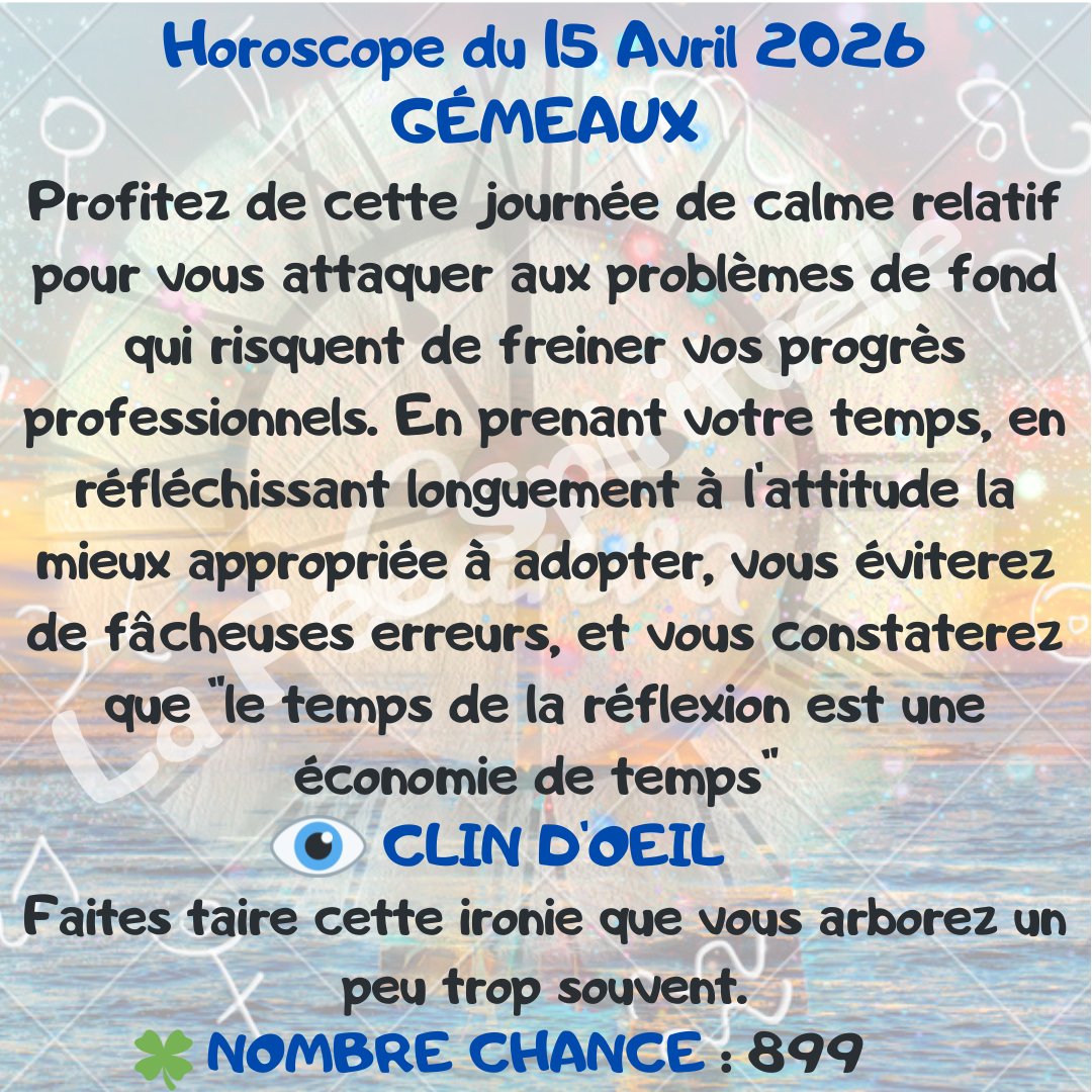 feespirituelle's tweet image. Votre horoscope pour ce mercredi 15 Avril 2026.
#gémeaux♊ #lion #scorpion #vierge♍️
🔮 lafeespirituelle.fr 🔮