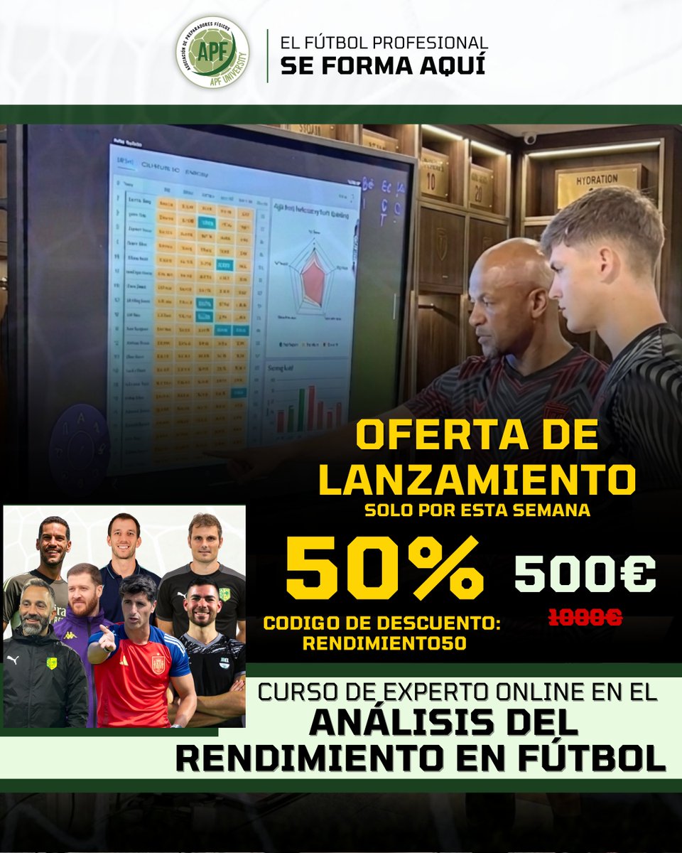 Recuerda que ya está disponible el Curso de Experto en Análisis del Rendimiento en Fútbol ⚽📊

Y solo por tiempo limitado puedes aprovechar esta condición exclusiva:

🔥 50% de descuento
📅 Disponible únicamente hasta el 19/04/2026

🎟️ CÓDIGO DE DESCUENTO:
👉 RENDIMIENTO50