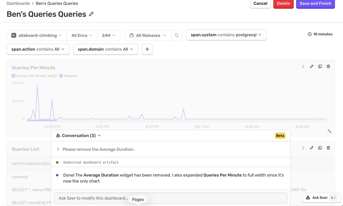 BenjaminCoe's tweet photo. @Cool_Goose @sentry If it's a "Sentry Built" dashboard, you'll need to duplicate first, then you can edit. If it's your own just click edit. Here's a screenshot from my own project: https://t.co/HBJ8Tx45nL