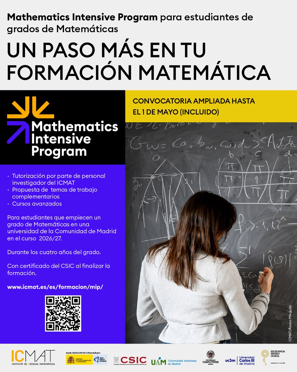 _ICMAT's tweet image. 🚨Ampliado el plazo de solicitud del Mathematics Intensive Program #MIP del #ICMAT hasta el 1 de mayo. 👉Dirigido a estudiantes de 2º bach que vayan a empezar un grado de matemáticas en Madrid en 2026-27, que quieran profundizar en la materia. icmat.es/es/formacion/m…