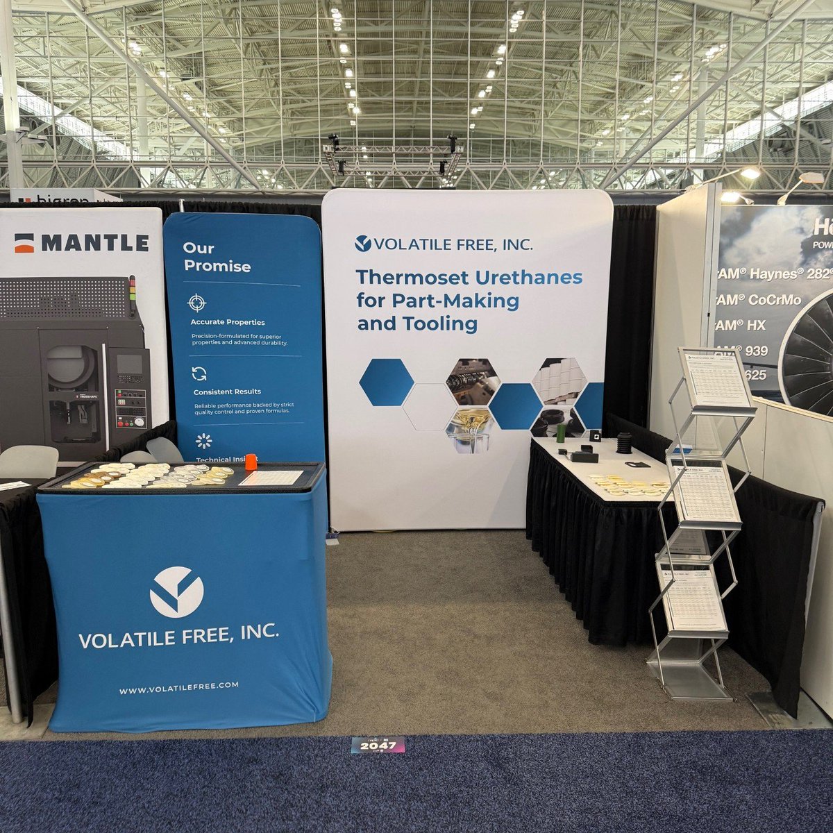 VolatileFreeInc's tweet photo. It’s the first day at Rapid + TCT, and the VFI team is set up at booth #2047. Stop by, chat with our experts, and get some dry samples in your hands. We’ll be showcasing our urethane plastics and elastomers for your part-making needs until Thursday. You won’t want to miss us! https://t.co/6qoxTlt4e7