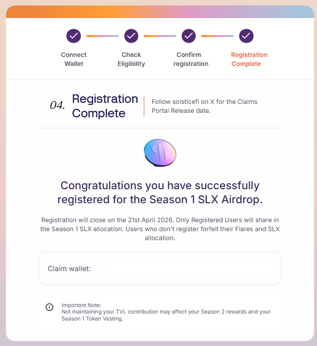 Flares Season 1 is officially done 🔥

SLX registration is now LIVE:
registration.solstice.finance
1️⃣ Connect your S1 wallet
2️⃣ Check your cohort + allocation
3️⃣ Pay fee in SOL
4️⃣ Lock it in
⏳ You’ve got 7 days only.

I’m in Cohort 5 👀

Miss it = lose your allocation.

<a href="/solsticefi/">Solstice</a>