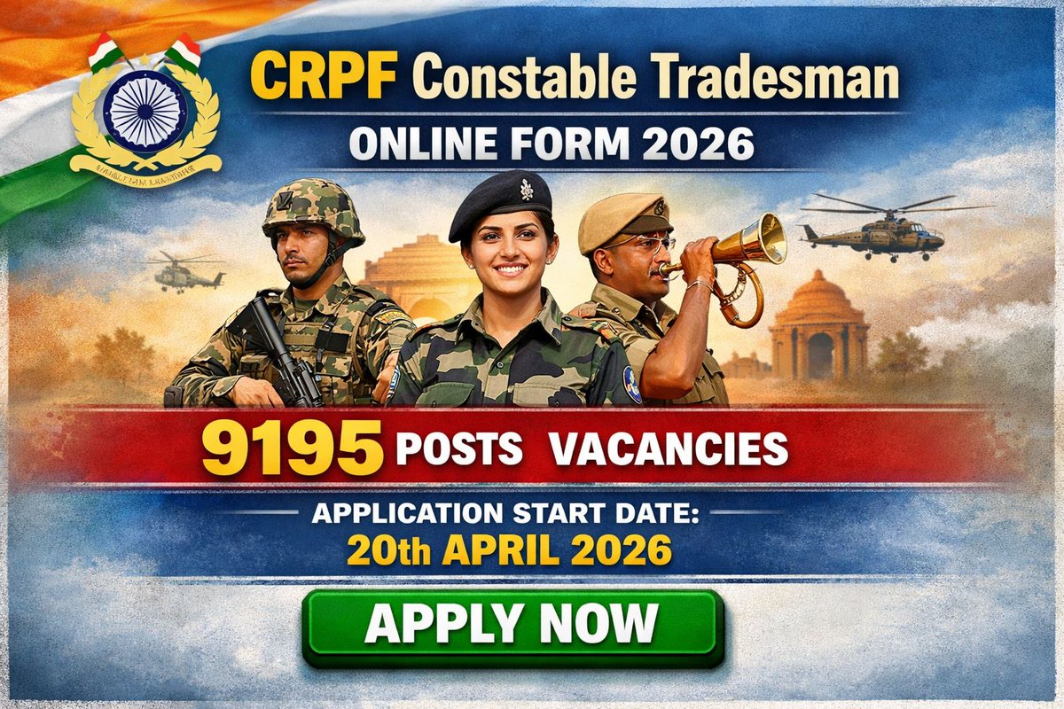 naukriduniya_'s tweet image. CRPF Constable Tradesman Online Form 2026 Out Now!
📅 Start: 20 April 2026
⏳ Last Date: 19 May 2026
Check eligibility, age limit &amp;amp; apply online 👇
🔗 naukriduniya.in/crpf-constable…
#CRPF #CRPFRecruitment2026 #GovtJobs #SarkariNaukri #Jobs2026