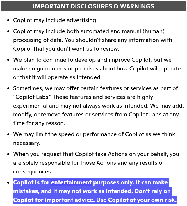 asklumo's tweet image. Microsoft: *stores conversations for 18 months, trains AI on them, lets humans review them, delivers personalized ads, and takes automated screenshots*

Also Microsoft: "Copilot is for entertainment purposes only"