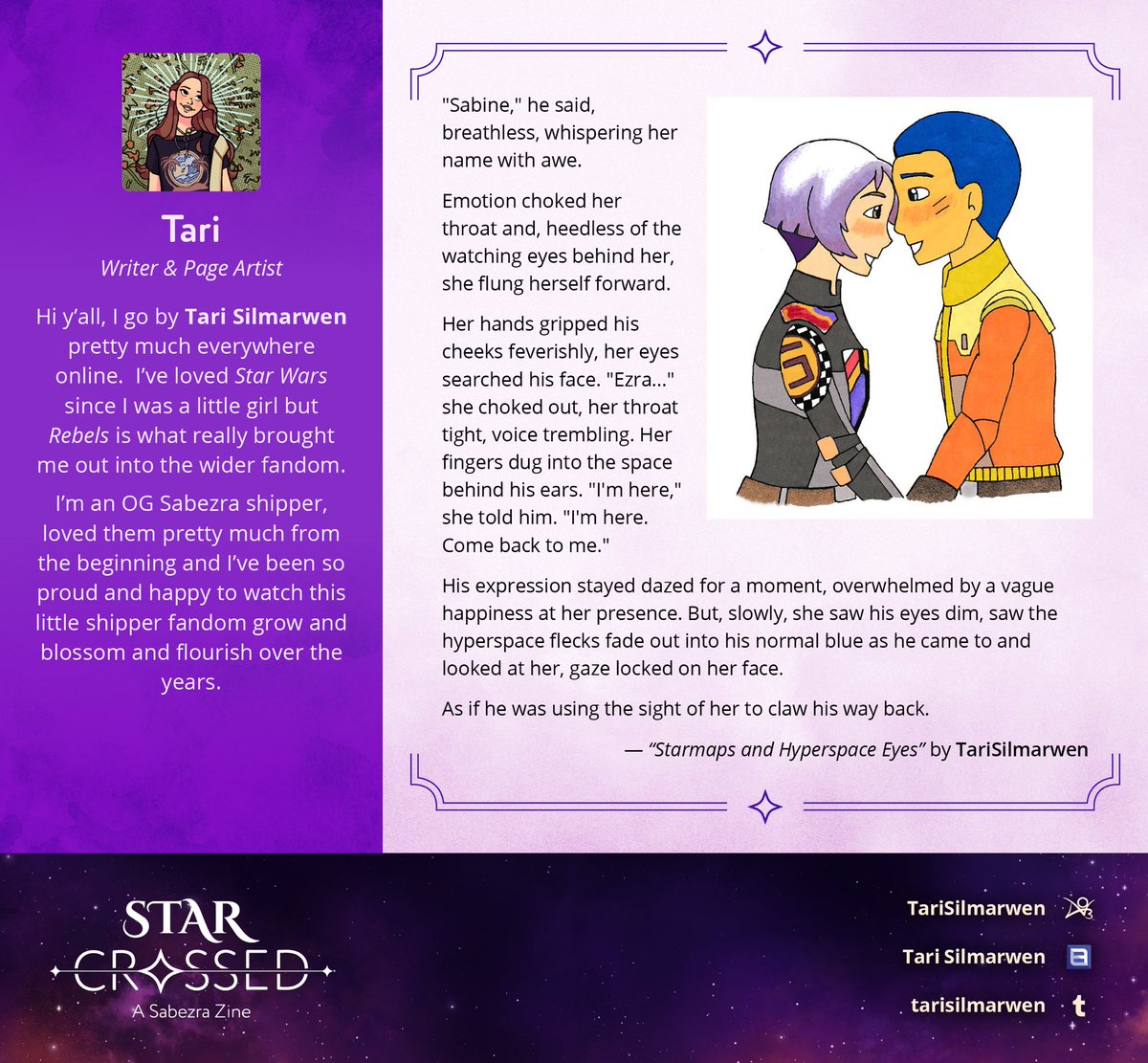 crossed82009's tweet image. Meet Tari, one of our talented writers and artists who contributed to the #starcrossed #sabezra #fanzine