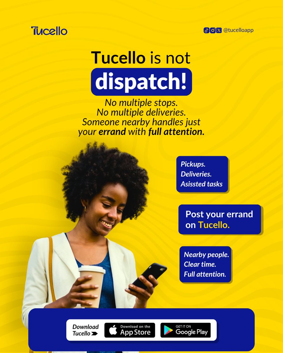 tucelloapp's tweet photo. We match you with nearby people who focus on just your task until it’s completed.

✅ Clear timeframes.
✅ Full attention.
✅ Zero stress.

From getting a messenger for assisted tasks to urgent pickups or deliveries, a nearby runner will handle it.

👉Download Tucello now! https://t.co/u9WicaRBbD