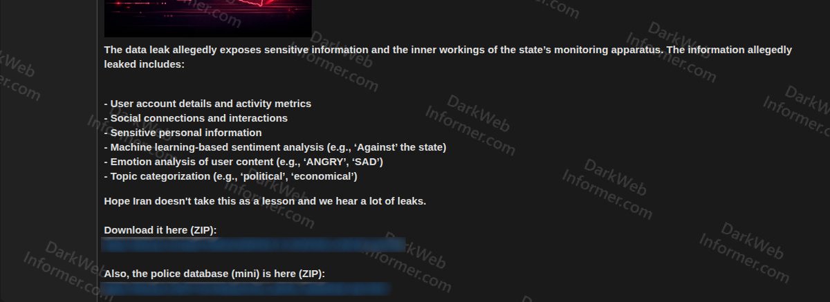 DarkWebInformer's tweet image. ‼️🇮🇷 The IRGC (Islamic Revolutionary Guard Corps) surveillance system and Iranian police database have allegedly been leaked and posted for free download on a popular cybercrime forum.

‣ Threat Actor: IamNotaFBIWorker
‣ Category: Data Breach / Leak
‣ Victim: IRGC Surveillance