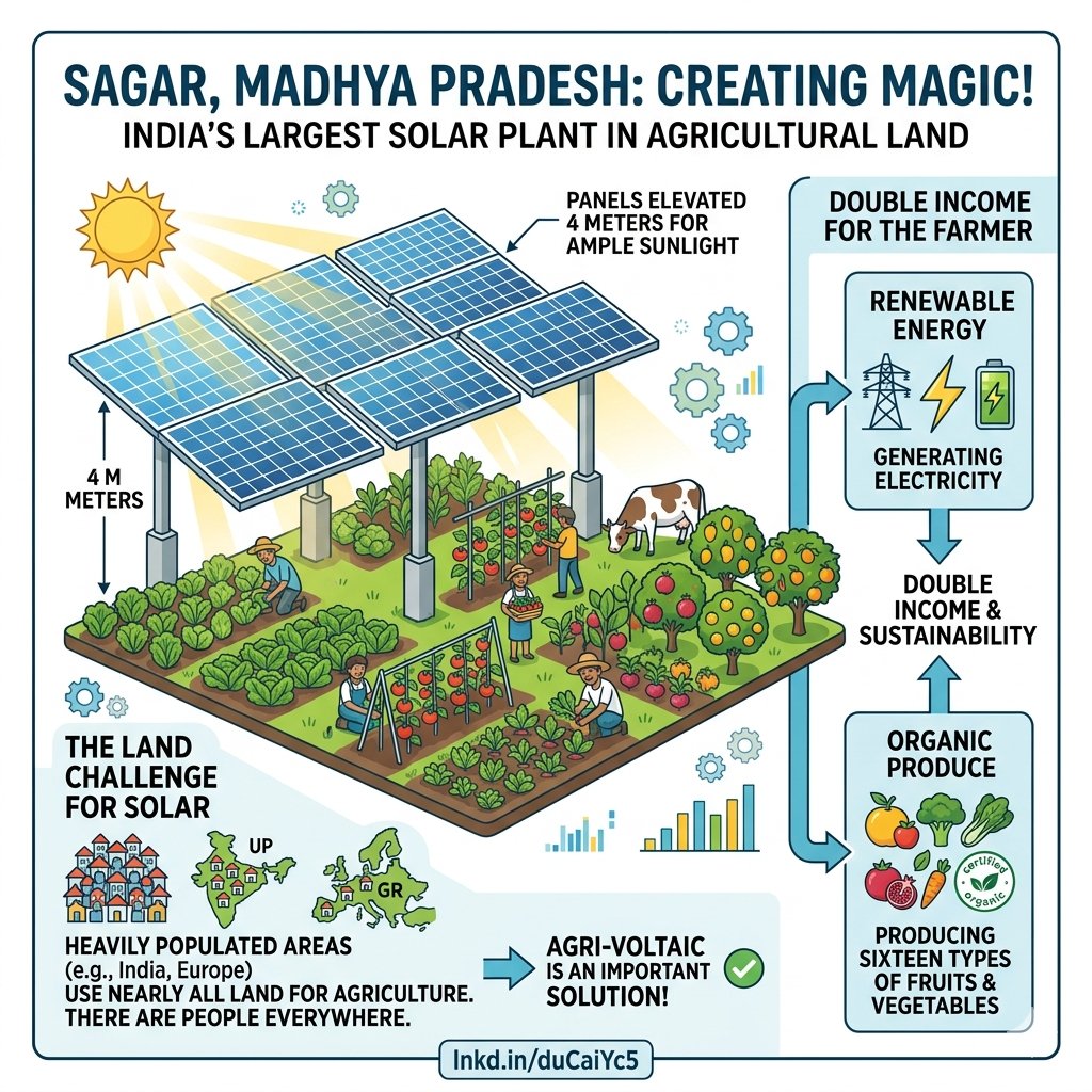 SimplyDivine321's tweet image. The future of #renewable energy &amp;amp; farming 🌞🌾

#India's 🇮🇳 largest agri-solar plant in Sagar, is growing sixteen crops beneath solar panels — while powering the grid. 

Panels sit 4m high, letting crops thrive below.

Double income. 
Zero land waste.