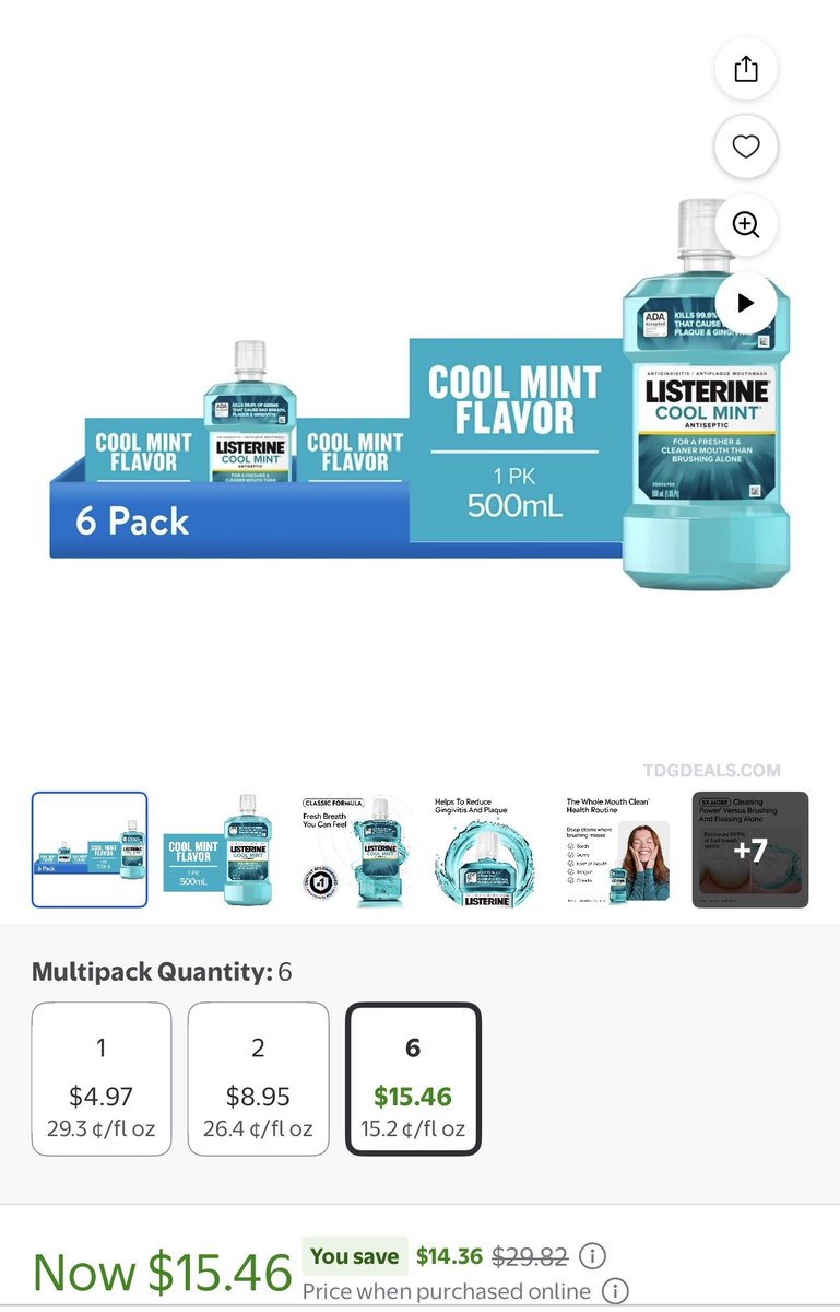 thedealsguy_'s tweet photo. $14 (6 pack) Listerine Cool Mint Antiseptic Mouthwash, Bad Breath &amp; Plaque Oral Care, 500 mL

Normally $5 for 1

Make sure to clip $1 coupon!

https://t.co/MMhbYEv5Cd

#WalmartPartners #Ad https://t.co/zChS0s4Twq