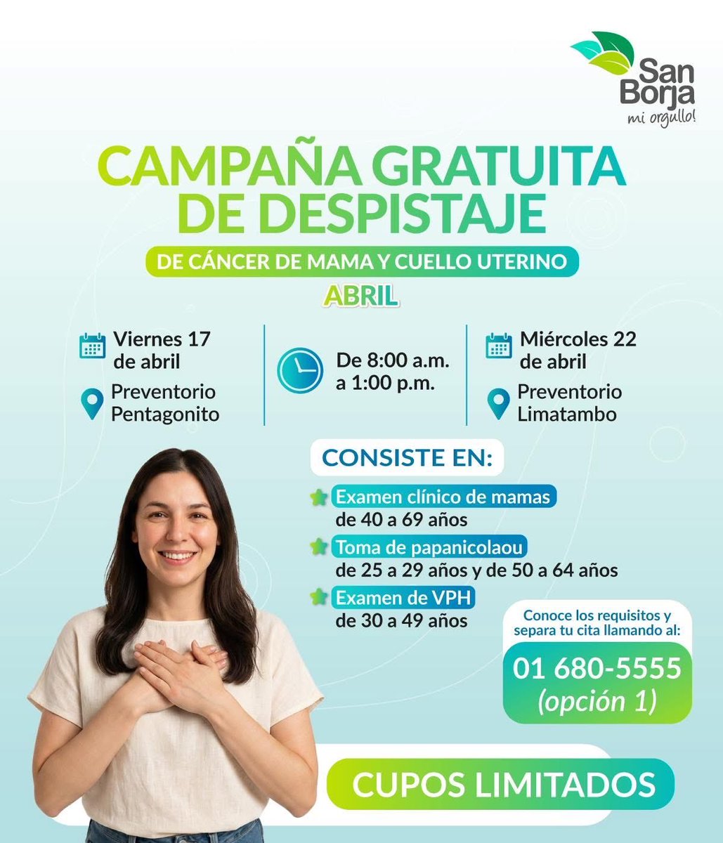 MunideSanBorja's tweet image. 🩷🚺 ¡Detectar a tiempo puede salvar vidas!

Te invitamos a nuestra campaña #gratuita de despistaje:

🔹 Examen de mamas (40 a 69 años)
🔹 Papanicolaou (25 a 29 y 50 a 64 años)
🔹 Prueba de VPH (30 a 49 años)

Agenda tu cita hoy y participa en esta importante campaña.