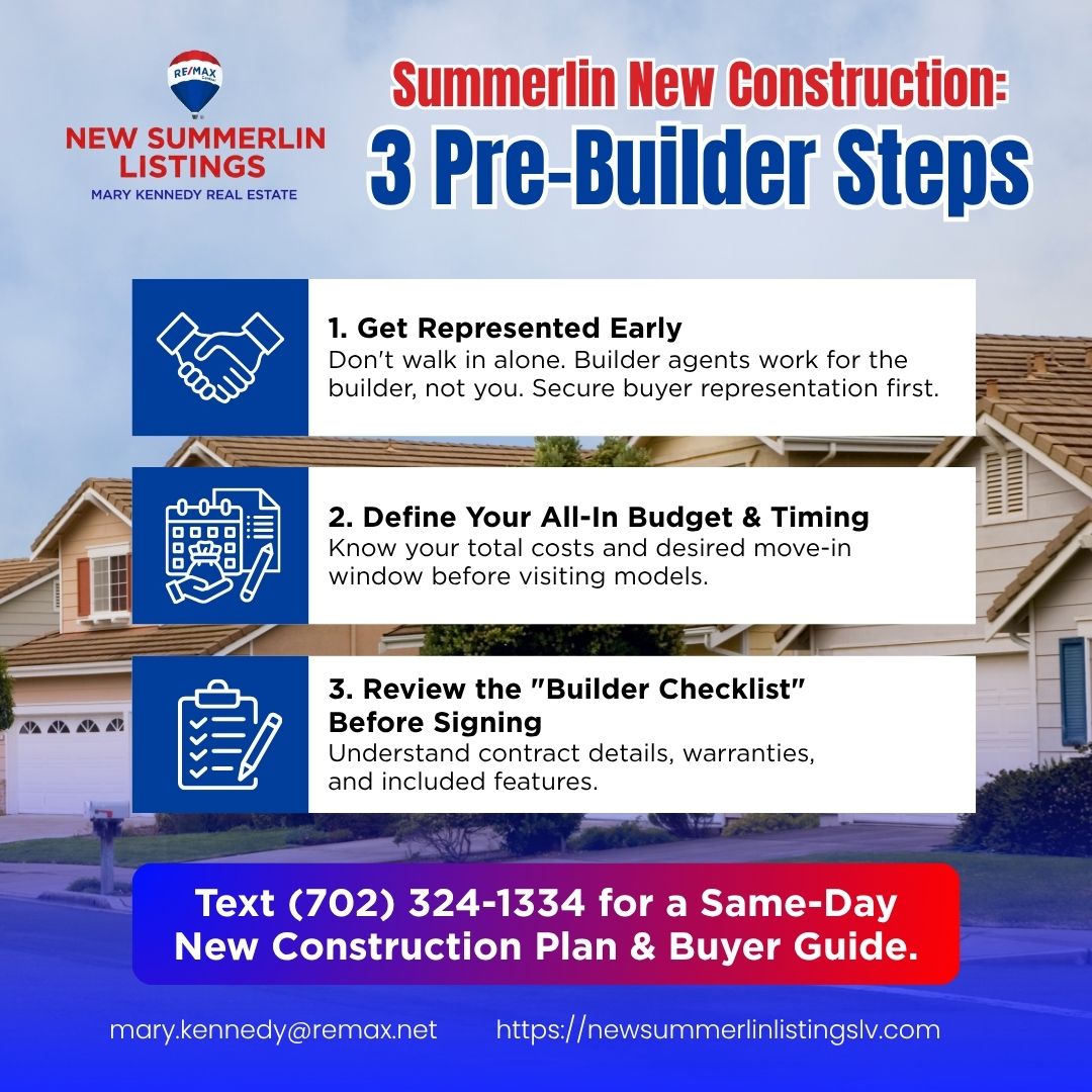 REMAXMaryLV's tweet image. Building new in Summerlin? Get represented early, define your all-in budget + timing, and review the builder checklist before signing—text (702) 324-1334 for a same-day new construction plan &amp;amp; buyer guide. #Summerlin #LasVegasRealEstate #NewConstruction #HomeBuyingTips #...