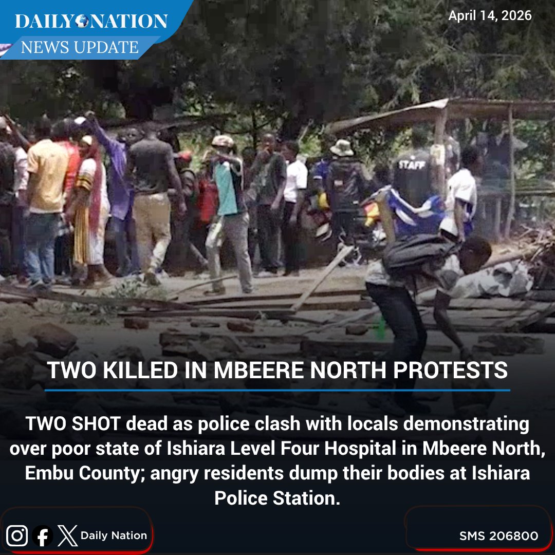 NationAfrica's tweet photo. TWO SHOT dead as police clash with locals demonstrating over poor state of Ishiara Level Four Hospital in Mbeere North, Embu County; angry residents dump their bodies at Ishiara Police Station. https://t.co/rhV6msmMad