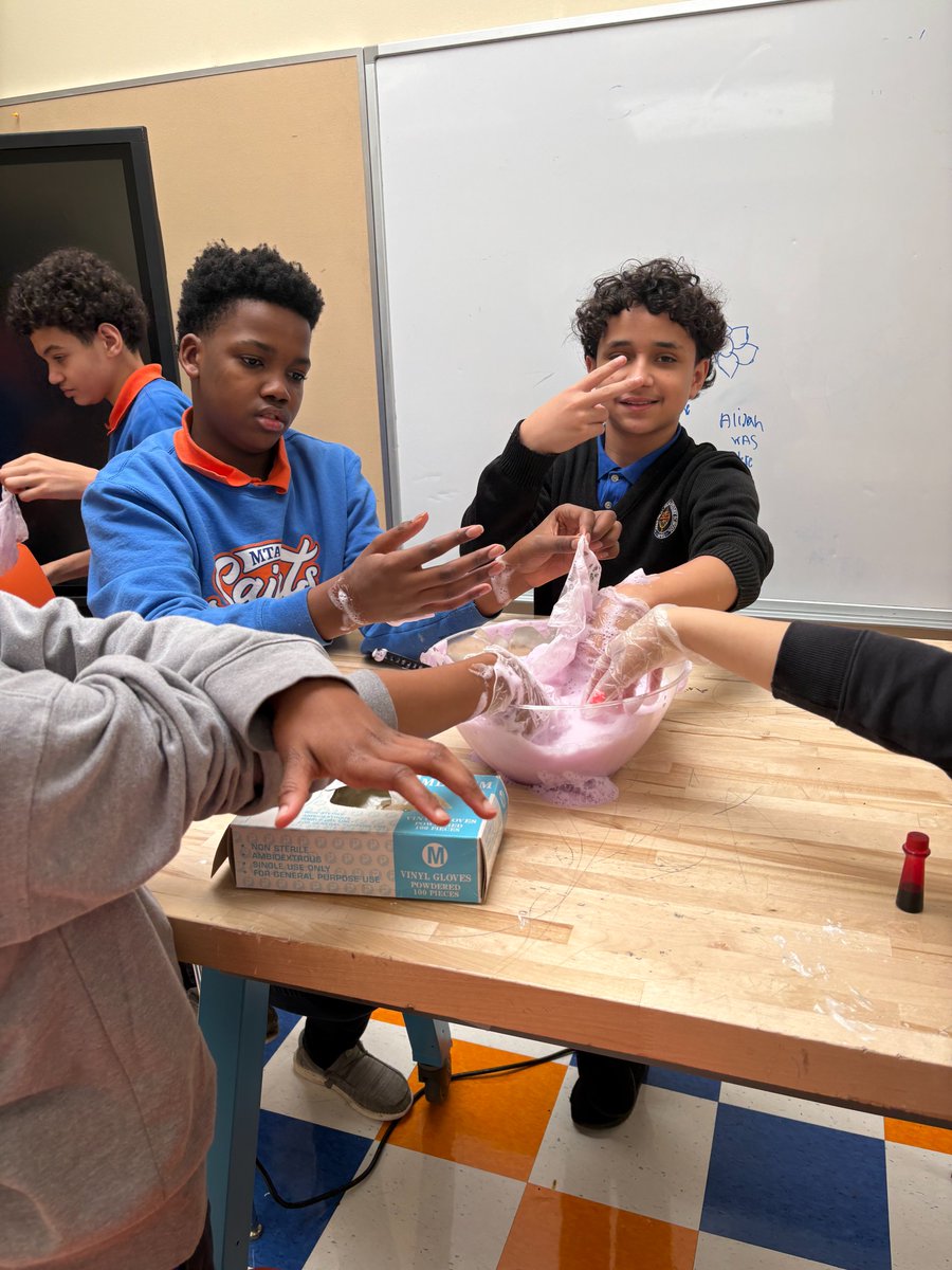 MTASaints's tweet image. Eighth grade participated their “elephant toothpaste” STEM activity yesterday. Students witnessed the reaction of mixing hydrogen peroxide, yeast, dish soap, and food coloring. Students were able to witness the expansion of their mixture as soap trapping the oxygen. #MTA #STEM 🫧