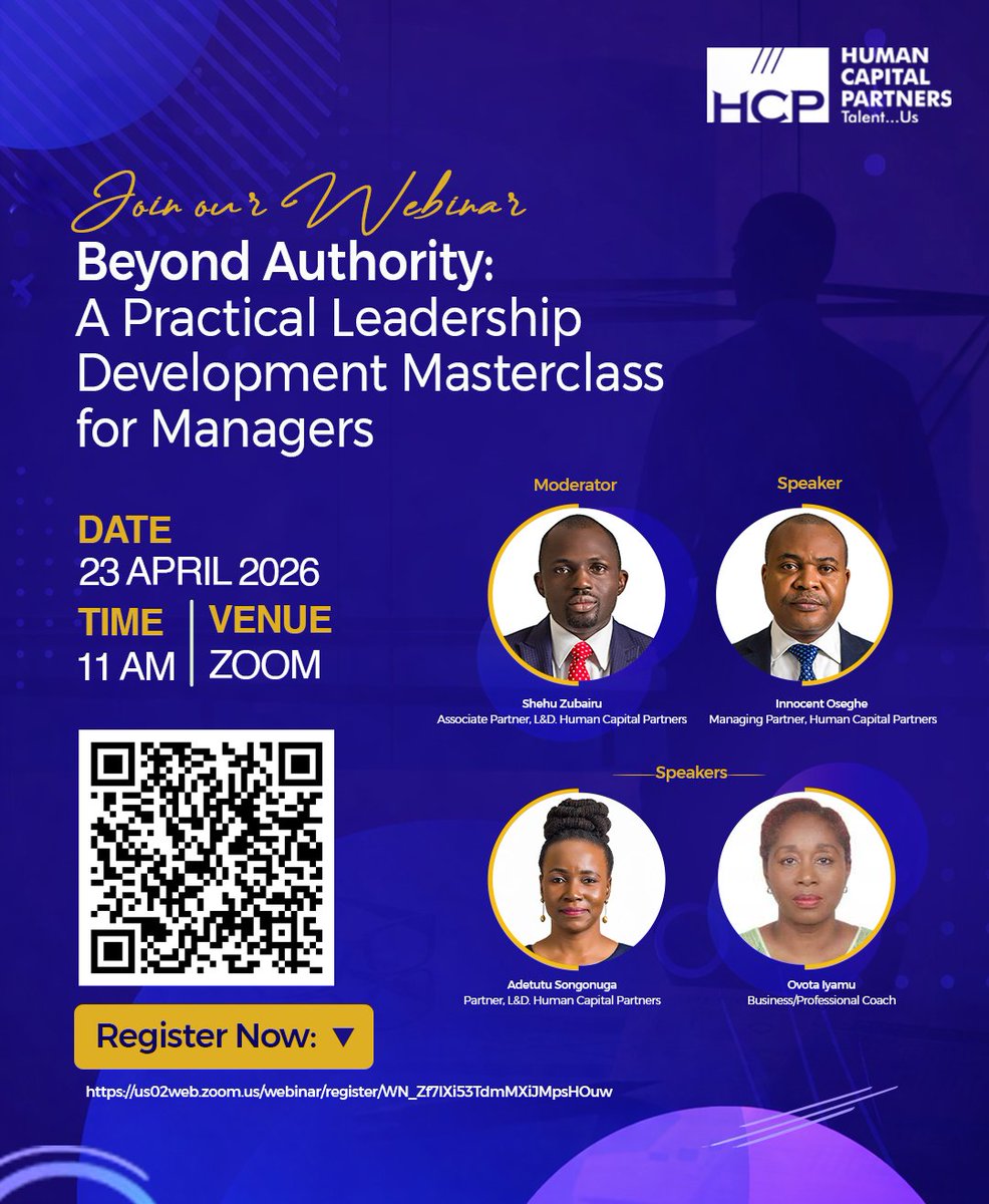 HumanCapitalP's tweet image. Just a quick reminder that the Beyond Authority: Leadership Development Masterclass is happening now.

Date: 23 April 2026
Time: 11:00 AM

Join Now:
us02web.zoom.us/j/89057075773

We’d love to have you join us.

#LeadershipDevelopment #Managers
#Webinar #FreeMasterclass