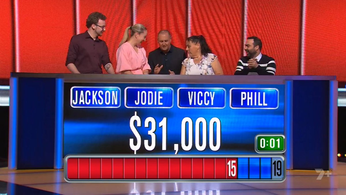 jamesstca's tweet photo. Great win by the team on Mon with 19. Larry is really exploring the set this season, joining the team for a 'strategy' pep talk when the outcome was clear (and reminding about his 'tip')! I think that's the first time the host has been behind the desk in an episode. #TheChaseAus https://t.co/yntUCCCzMV