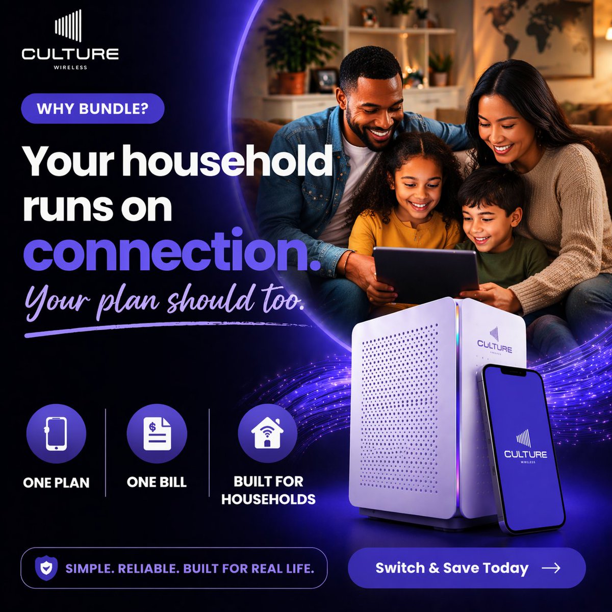 CultureWireless's tweet image. Your household depends on connection every day.
Why manage multiple plans when one does it all?
One plan. One bill. Built for your entire household.
Now available at Ft. Gordon &amp;amp; Ft. Benning.

#CultureWireless #MilitaryLife #ConnectedHome #BundleAndSave