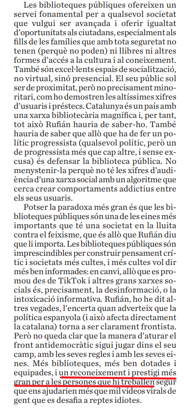 fxvierglezcudr's tweet photo. "[...] Més biblioteques, més ben dotades i  equipades, i un reconeixement i prestigi més  gran per a les persones que hi treballen [...]"

Era això companys, era això: reconèixer i dignificar les bibliotecàries.
Bravo, @sebastialzamora

cc @cobdc https://t.co/WnXXOjpLBg