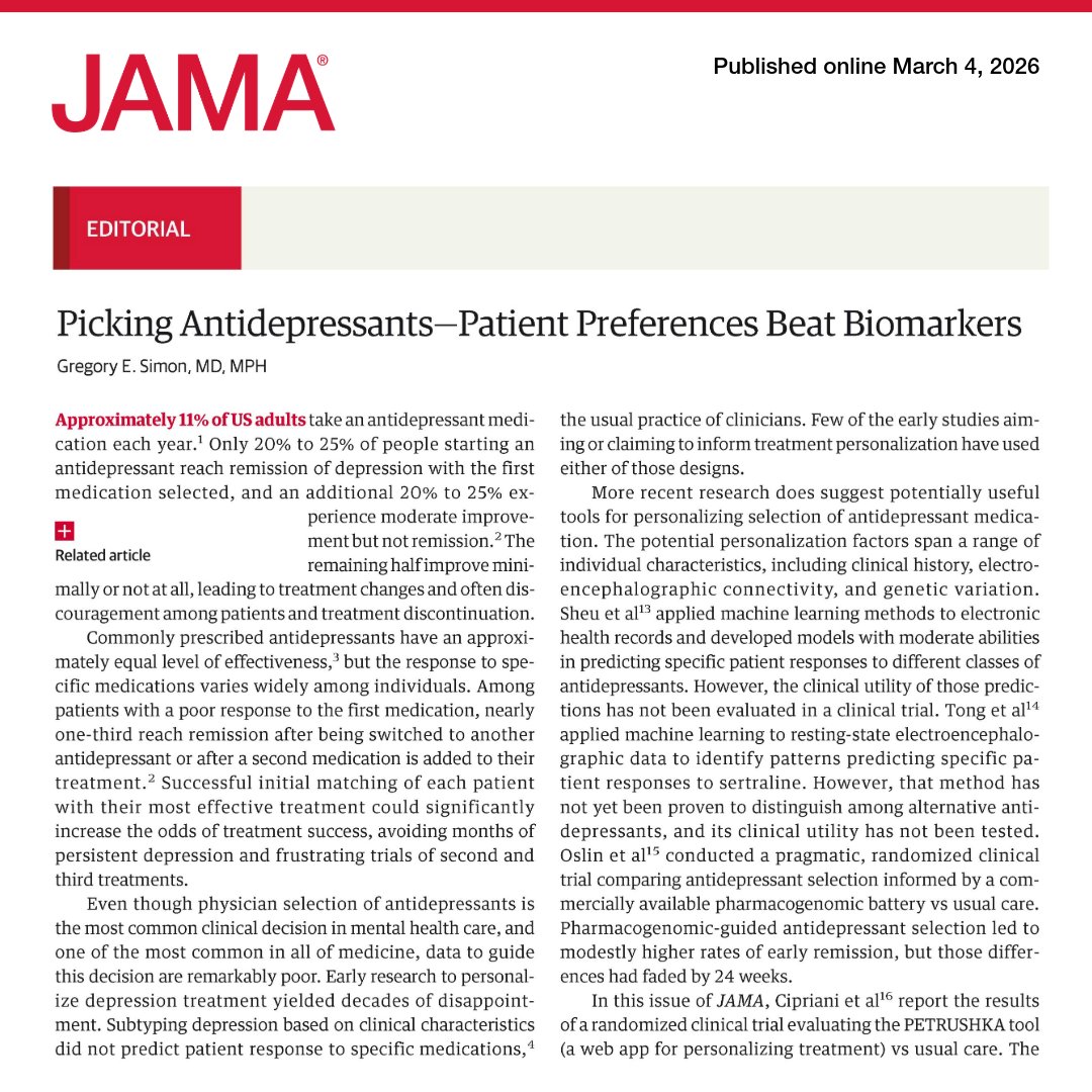 JAMA_current's tweet image. 💬 Editorial: Personalized #antidepressant selection using clinical criteria and patient preferences may yield better outcomes than biomarker-driven approaches for #depression. 

ja.ma/4mzvWKG