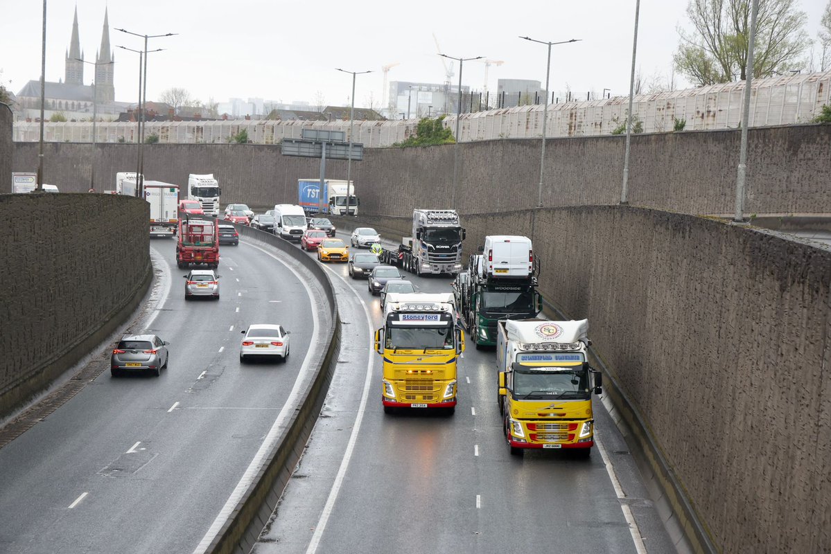 irish_news's tweet image. Two lorries took part in a slow-moving convoy on the Westlink this afternoon as widespread fuel protests were expected to take place across Northern Ireland.

Demonstrations in Toome Bridge and Nutt's Corner started later than expected.

Follow live updates: