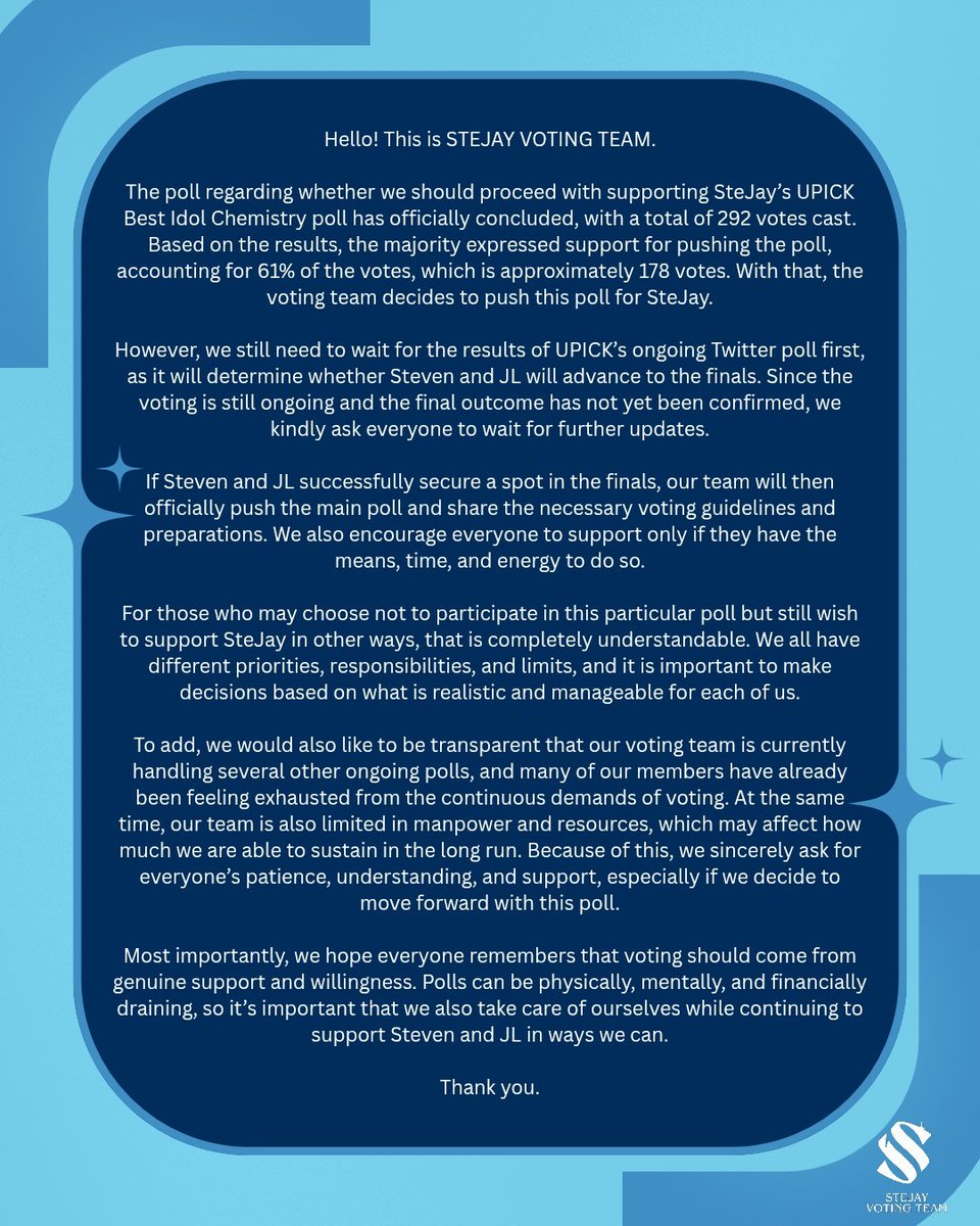 STEJAYVT's tweet image. 📢 𝗥𝗘: 𝗦𝗧𝗘𝗝𝗔𝗬 𝗨𝗣𝗜𝗖𝗞 𝗕𝗘𝗦𝗧 𝗜𝗗𝗢𝗟 𝗖𝗛𝗘𝗠𝗜𝗦𝗧𝗥𝗬 𝗣𝗢𝗟𝗟‼️

#스티븐 #STEVEN 
#제이엘 #JL
#아홉 #AHOF