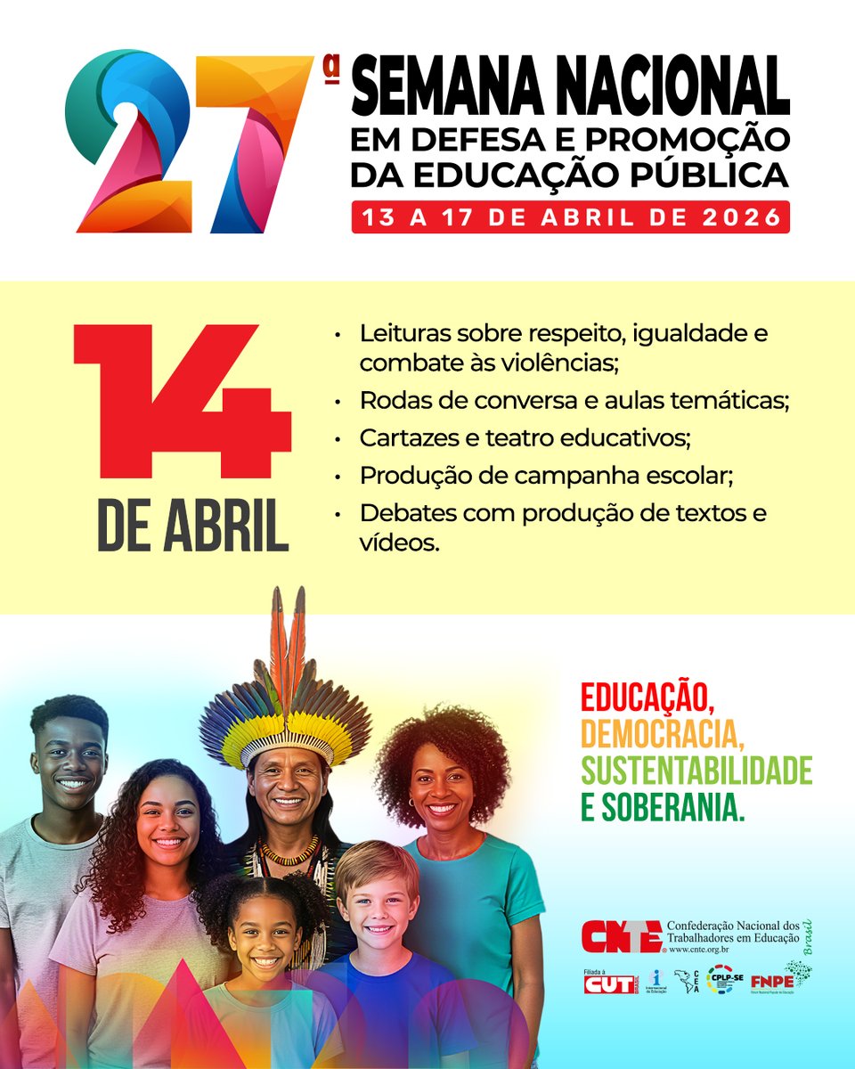 📚 A <a href="/CNTE_oficial/">CNTE BRASIL</a>  iniciou, nesta segunda-feira (13), a 27ª Semana Nacional em Defesa e Promoção da Educação Pública. Esse é um importante momento de mobilização e reflexão sobre o papel da escola na construção de uma sociedade democrática e soberana.

‼️ Da educação infantil à
