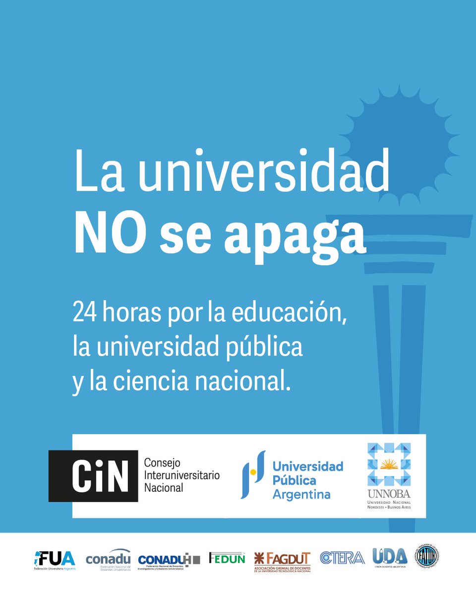 RectorUNNOBA's tweet photo. 🙌 ¡Que no se apague lo que nos llena de orgullo!

24 horas por la #educación pública, la #universidad y la #ciencia argentina

🔗 Cronograma de actividades completo en https://t.co/j5mi4uknZp

¡Cuidemos lo que nos hace bien! https://t.co/wIeH3OW6E6