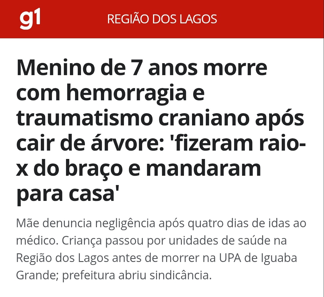 Profundamente consternado com a morte do pequeno Ysaque, de 7 anos, em Iguaba Grande, após queda de árvore e suspeita de negligência médica. Basta de descaso! Exijo um sistema de saúde que proteja nossos jovens.