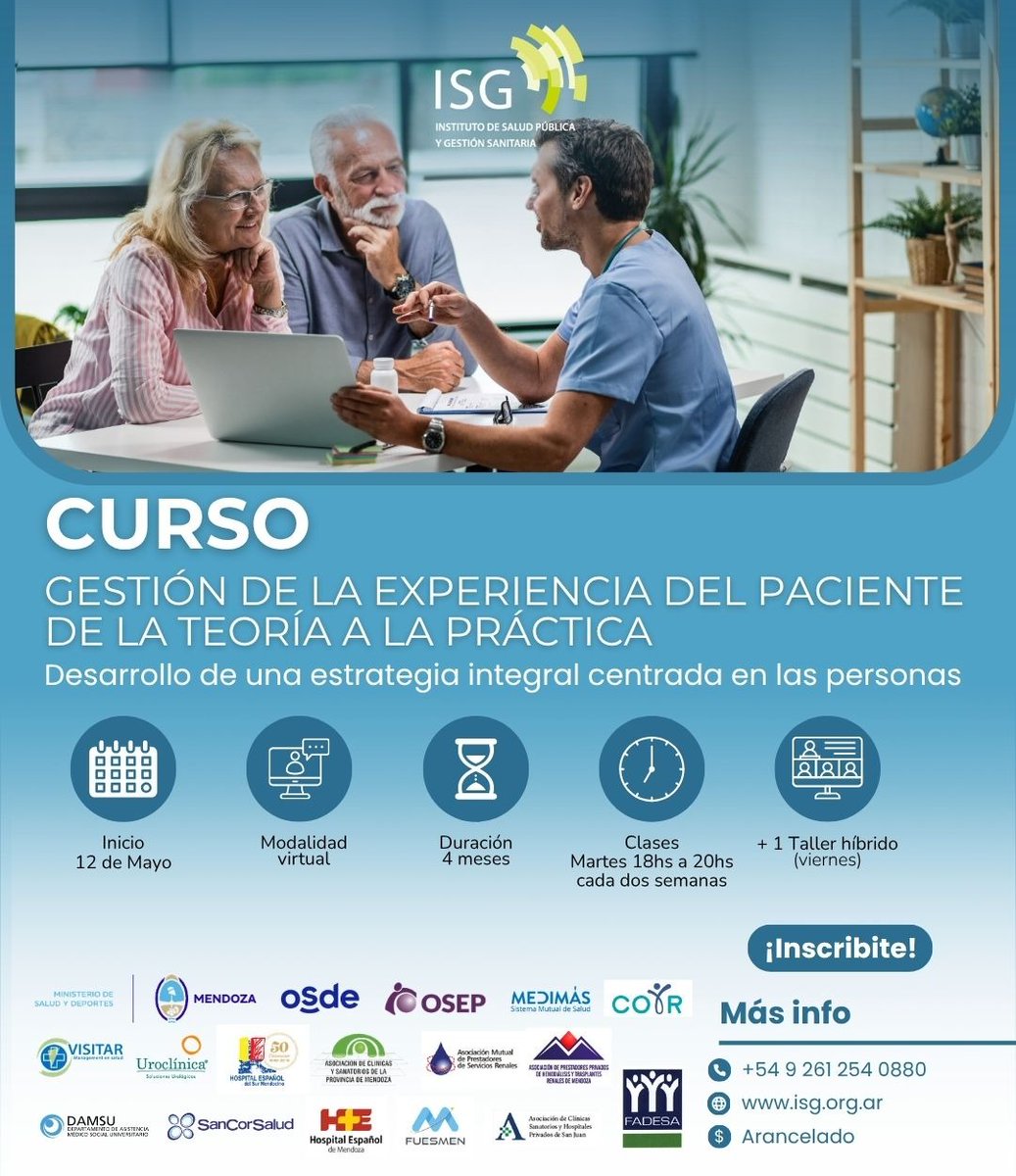 ISGsalud's tweet photo. Gestión de la Experiencia del Paciente

👩‍⚕️ Equipo docente: Hospital Italiano de Buenos Aires, España e ISG
📅 Inicio: 12 de mayo
💻 Modalidad virtual
⏳ 4 meses
🗓 Martes 18 a 20 hs (cada 2 semanas)
➕ Taller híbrido

Mas info:
📲 https://t.co/fiWu1sbRVH
🌐https://t.co/7lh05ls6je https://t.co/LXNFCcR3x8