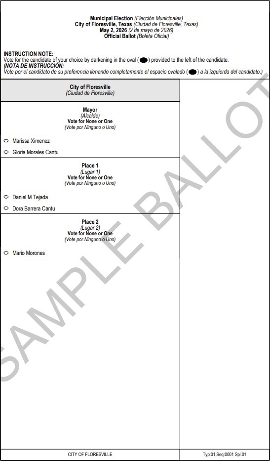 🗳 City of #Floresville #election day is Sat 5/2 (7a-7p) at City Hall. Sample ballot below.

📅 #EARLYVOTING SCHEDULE
Mon 4/20-Fri 4/24: 8a-5p
Sat 4/25: 8a-7p
Mon 4/27: 8a-5p
Tue 4/28: 8a-7p

ℹ 4/17 deadline for applications to vote by mail

More info: floresvilletx.gov/government/ele…